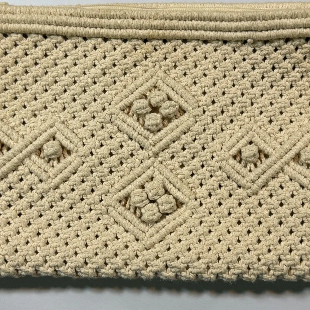 VTG Macrame Woven Wristlet Clutch Purse Bag Cream‎ Beige Boho Coastal Beachy 70s